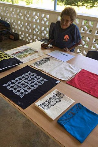 Ms Ailine displaying her textile skills development in Luganville, Santo