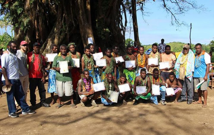 Some of the trainees of the Certificate II Building Construction training on Tanna with trainers and representatives from Red Cross and Tafea TVET Centre