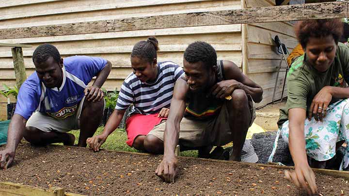 TVET students learning how to sow seeds in Vanuatu