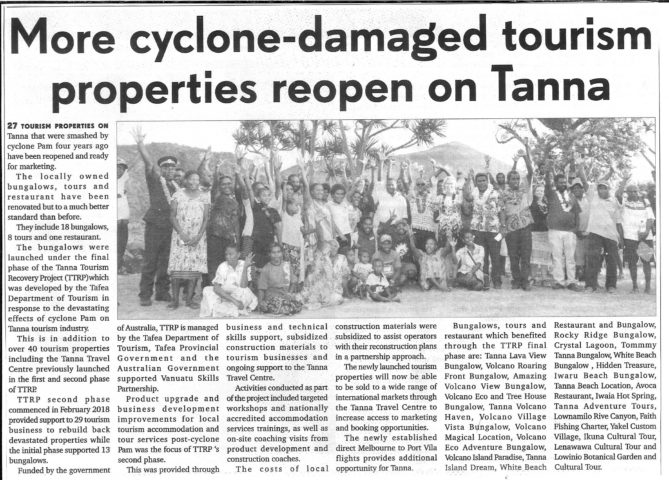 More cyclone-damaged tourism properties reopen on Tanna—16th March 2019